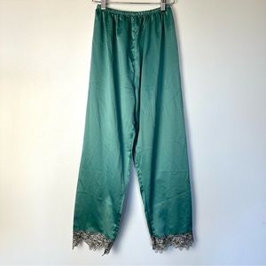 Vintage Teal Satin Elastic Waist Lace Trim Sleepwear Lounge Pants